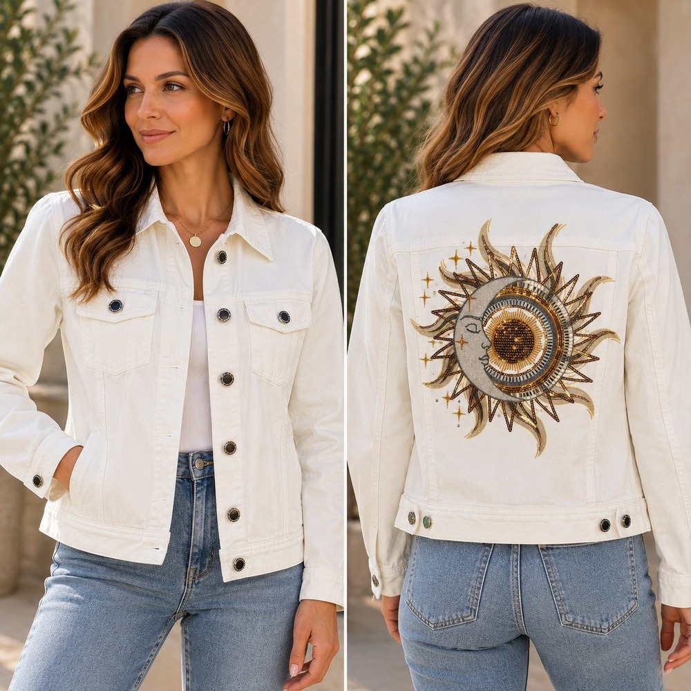 DG2 Diane Gilman White Denim Jacket Stretch Jean Coat Pockets Medium M